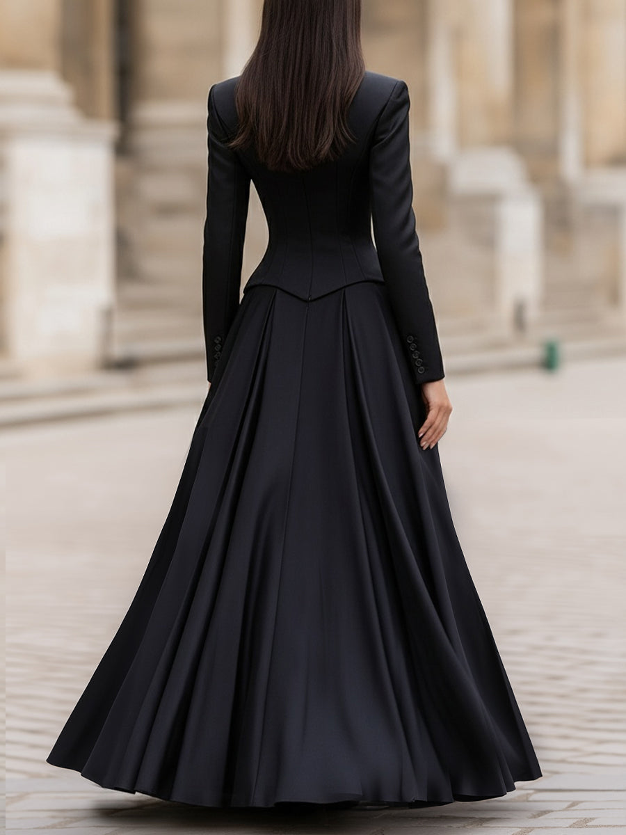 Elegant Tailored Waist Long-Sleeve Maxi Dress