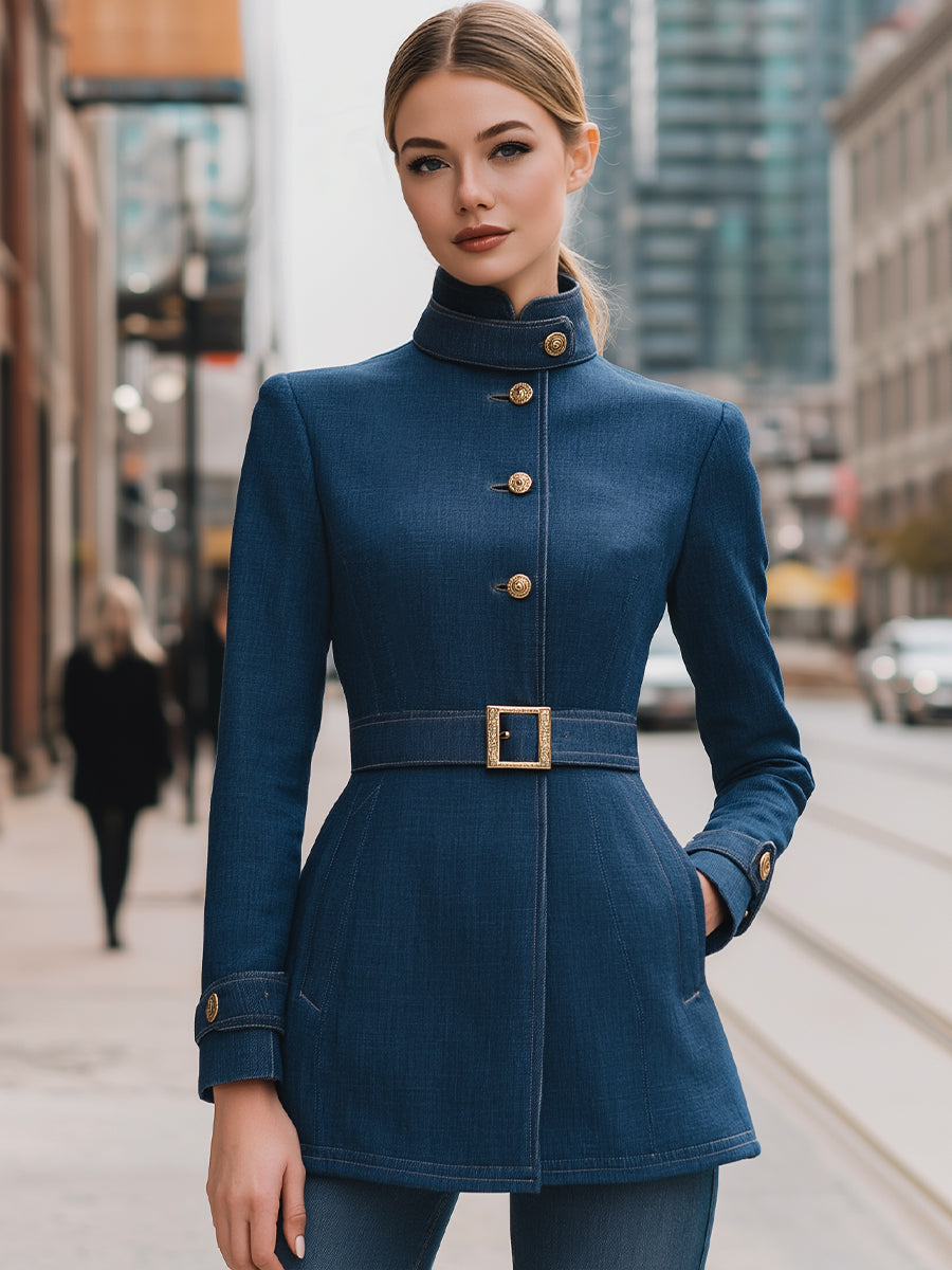 Denim Belted Jacket With Gold-Tone Buttons