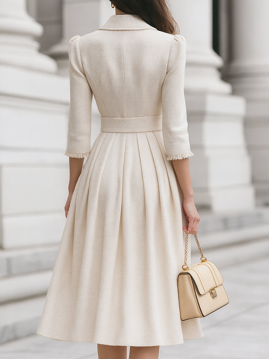 Tweed Belted Midi Dress With Fringed Trim