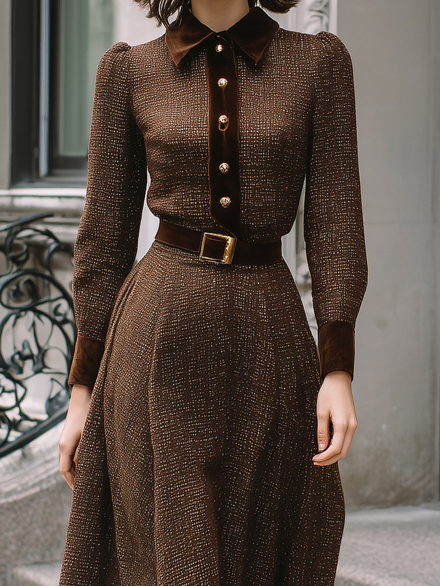 Chocolate Brown Belted Midi Dress With Velvet Accents