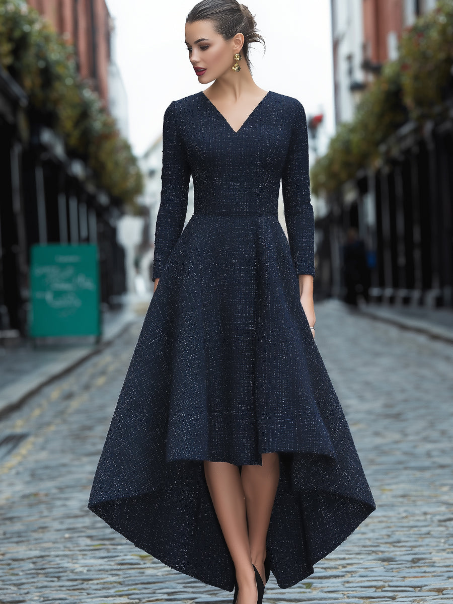 Navy Tweed V-Neck High-Low Hem Dress