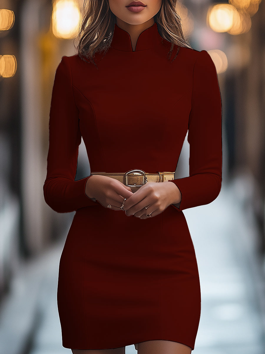 Elegant White Mandarin Collar Dress with Belt Design