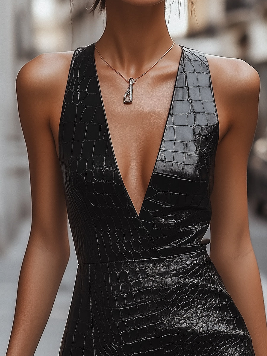 Bold Black Croc-Embossed Leather Mini Dress
