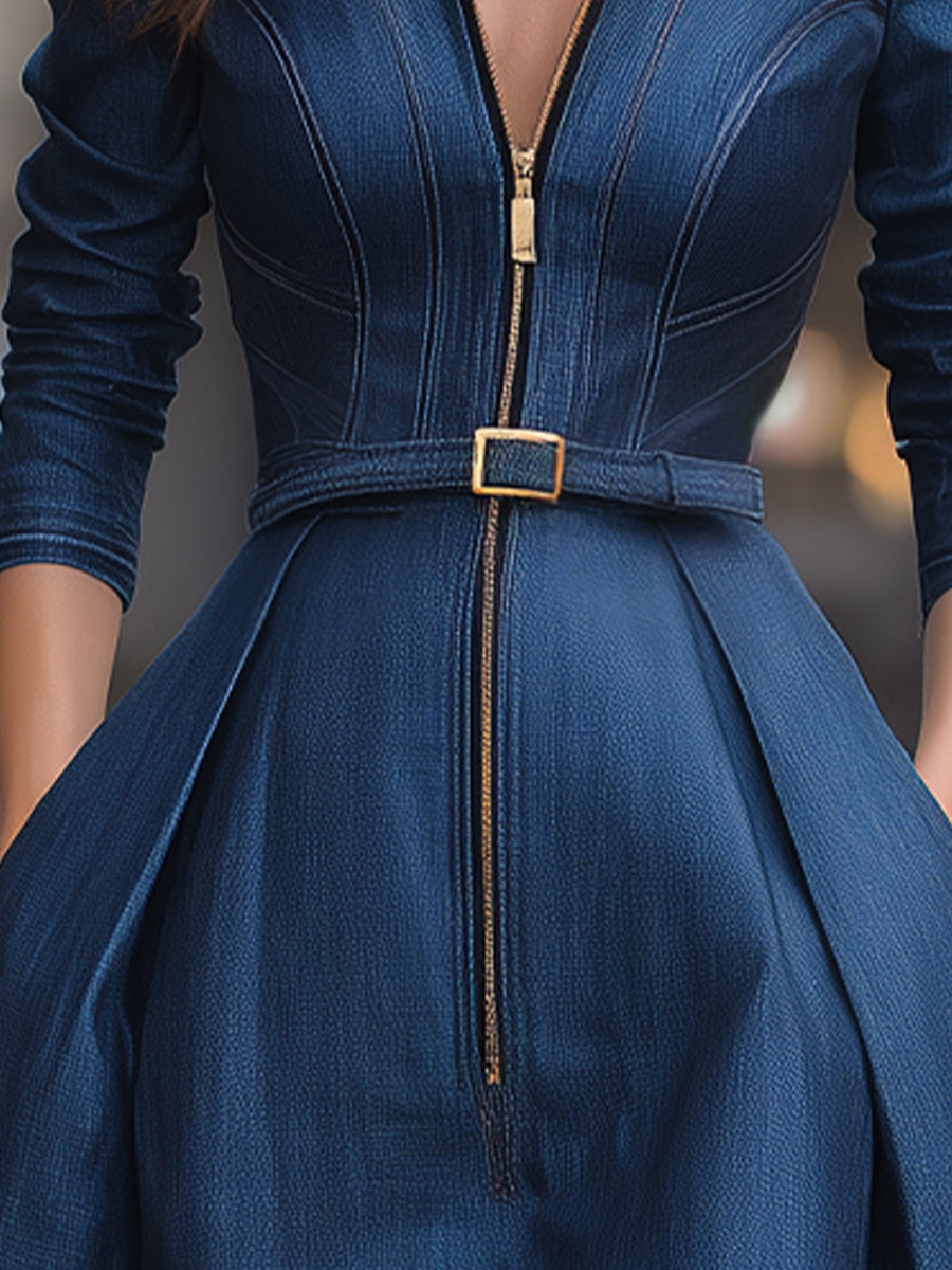 Elegant Zippered Belted Denim Midi Dress