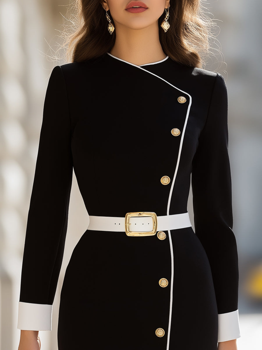 Asymmetrical Buttoned Midi Dress With Contrast Trim