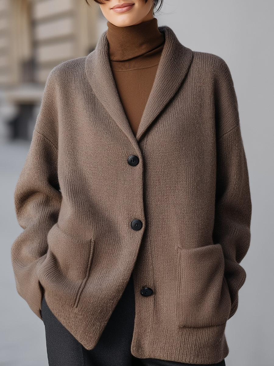 Taupe Shawl Collar Button - Front Knit Cardigan
