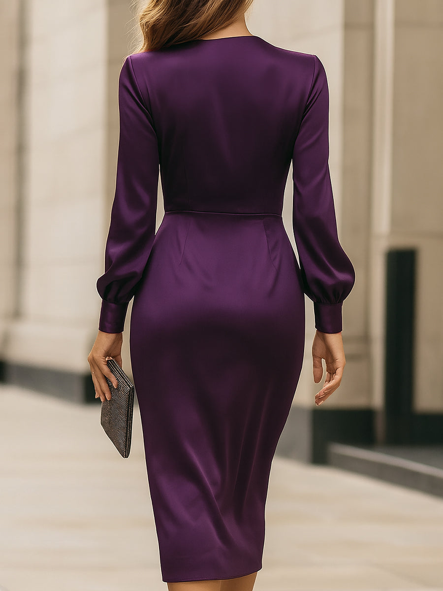 Deep Plum Satin Wrap Midi Dress
