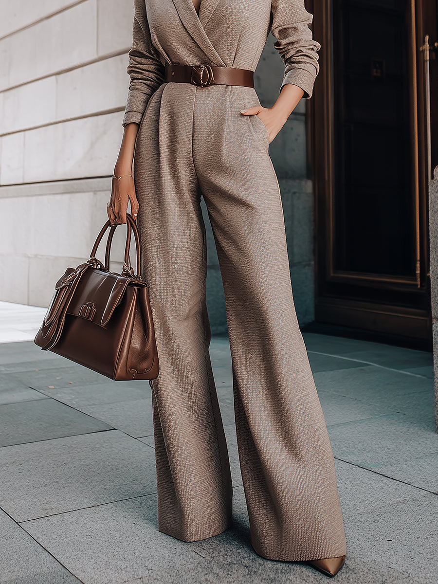 Taupe Belted Blazer Jumpsuit With Wide-Leg Silhouette