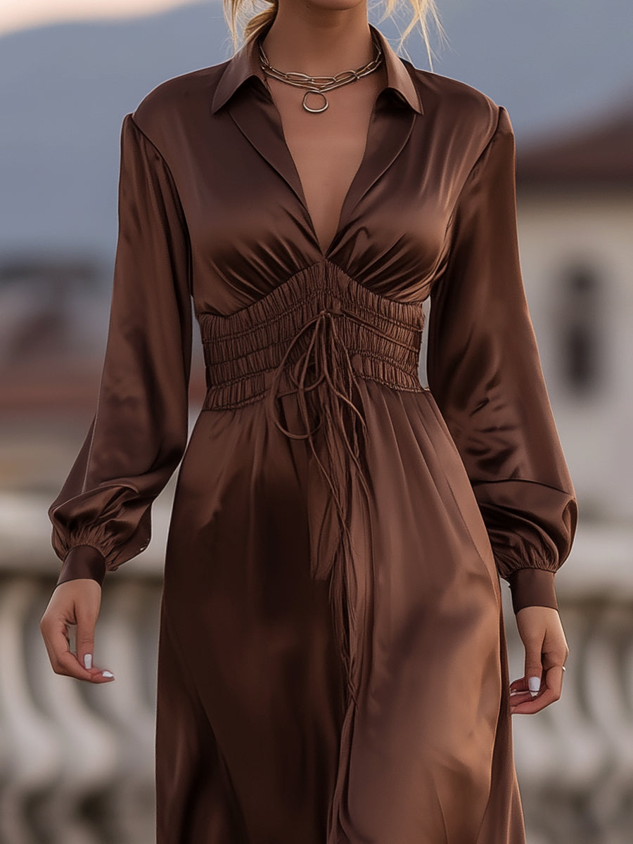Mooyius Satin Cinched Waist Maxi Dress In Mocha Brown