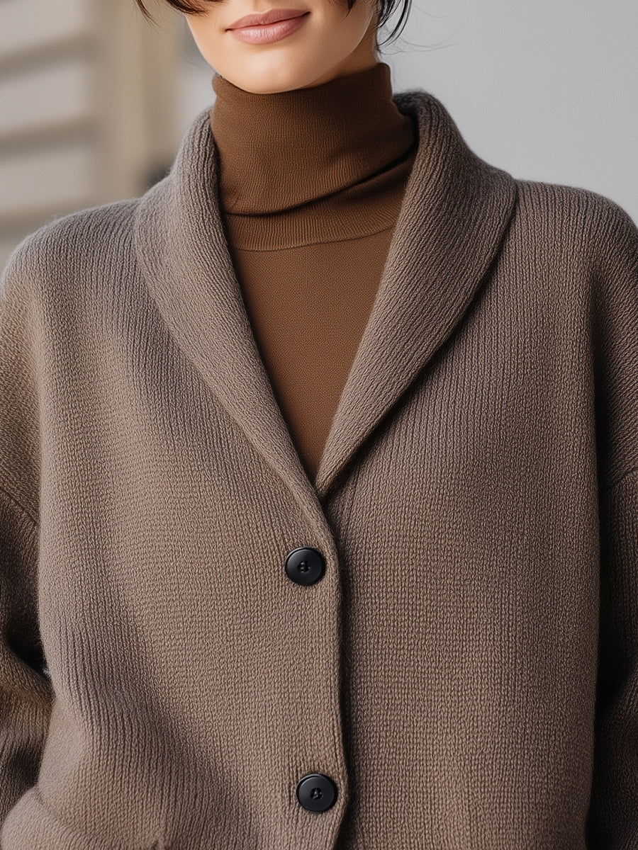 Taupe Shawl Collar Button - Front Knit Cardigan