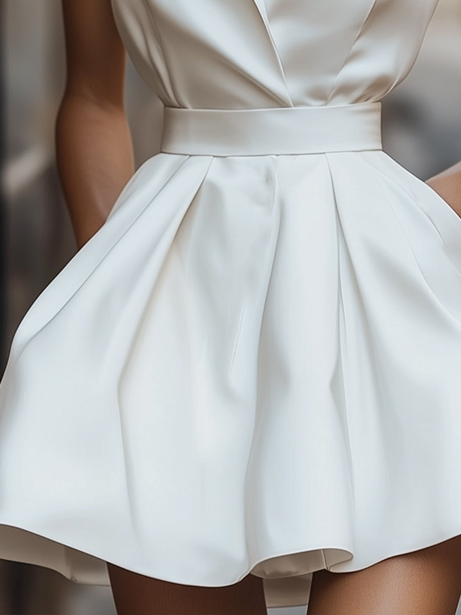 White Pleated Mini Shirt Dress