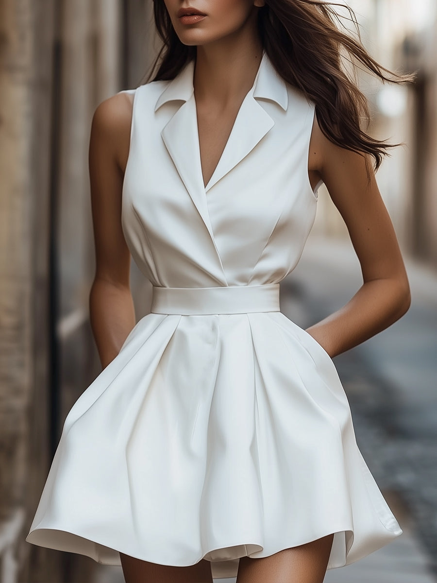 White Pleated Mini Shirt Dress