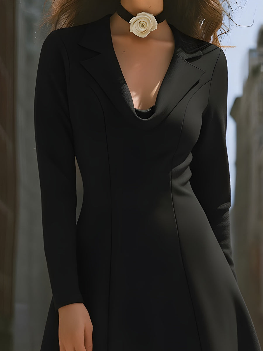 Black Long-Sleeve Blazer Dress With Flared Hem
