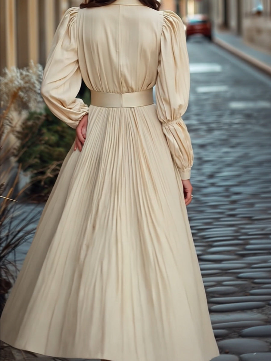 Vintage Pleated Ivory Midi Dress with Belt