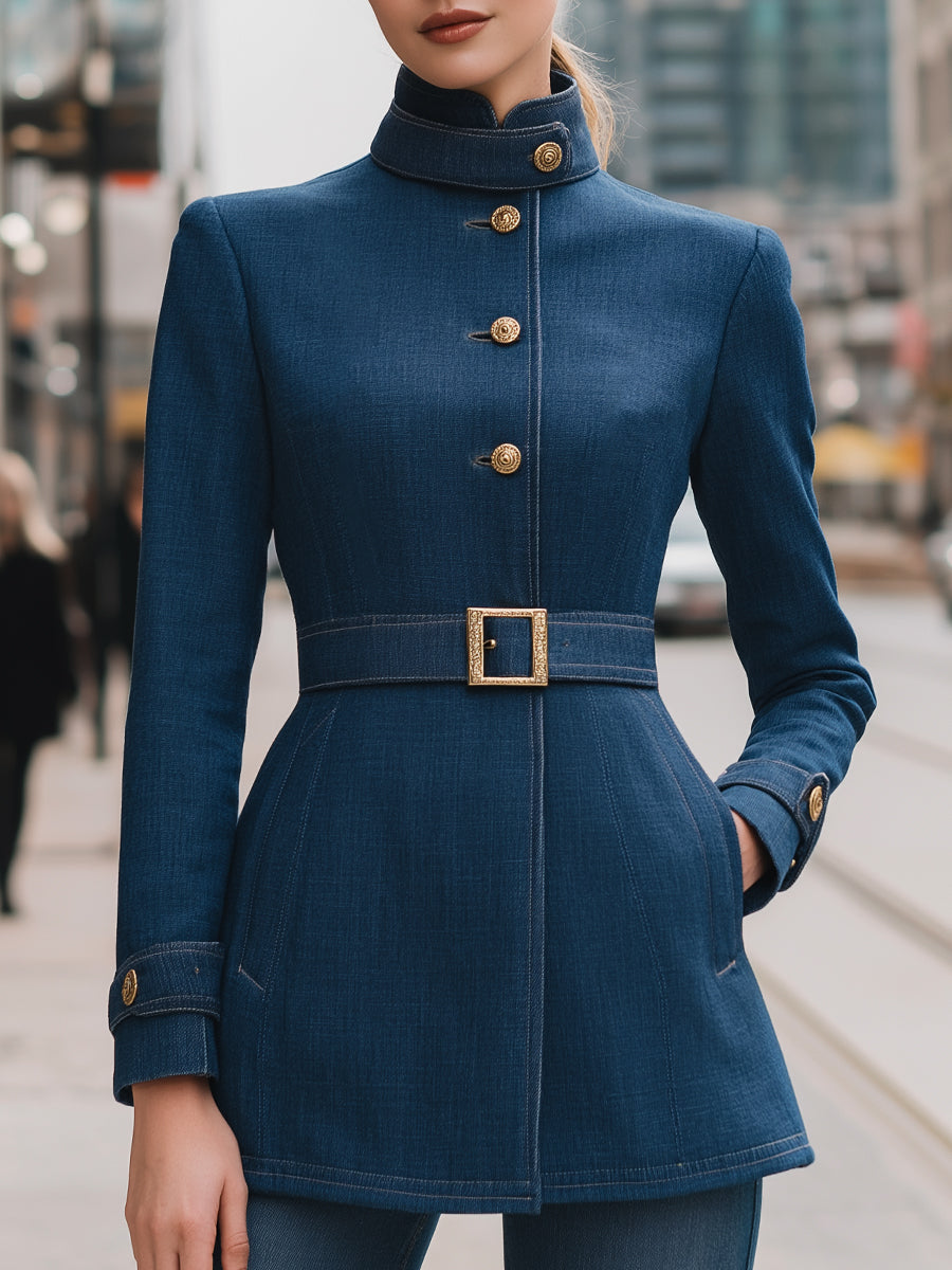 Denim Belted Jacket With Gold-Tone Buttons
