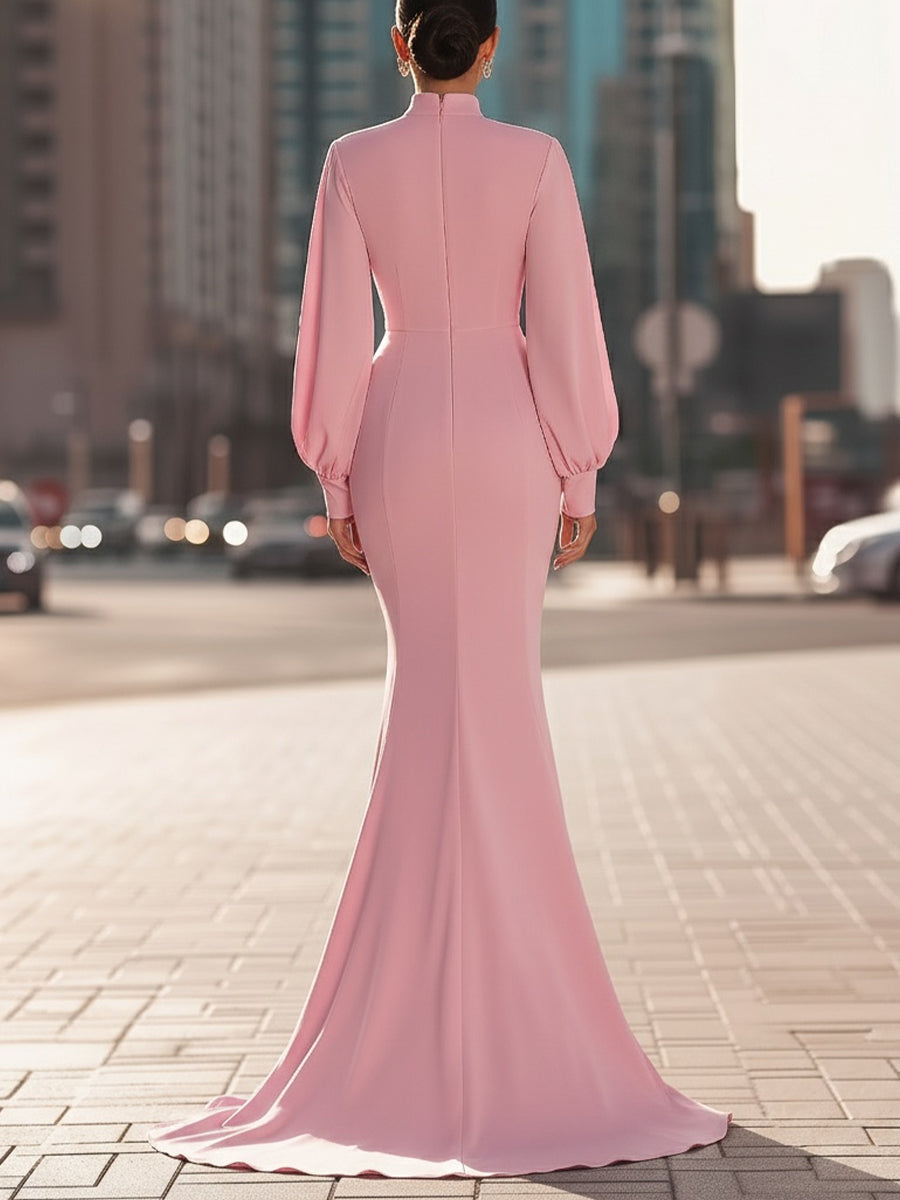 Elegant Blush Pink High-Neck Mermaid Gown With Balloon Sleeves