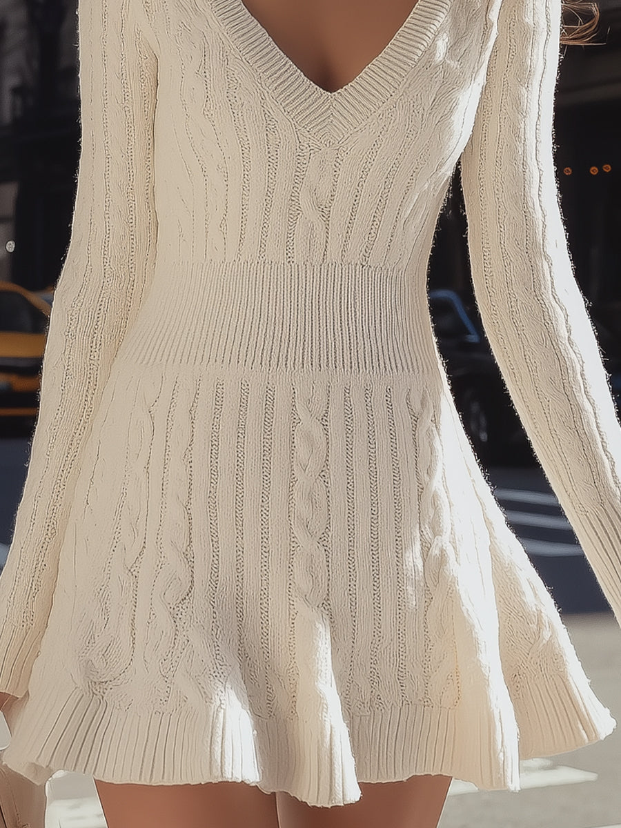 Cozy Cable Knit Sweater Dress With V-Neck And Flare Hem