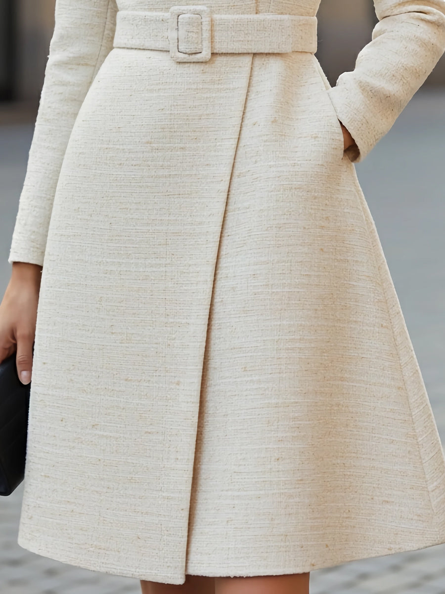 Elegant Belted High-Neck Wool Blend Dress