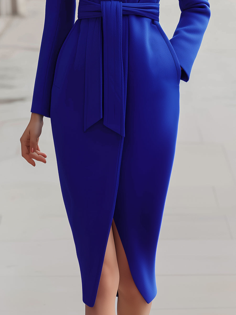 High-Collar Belted Midi Coat Dress