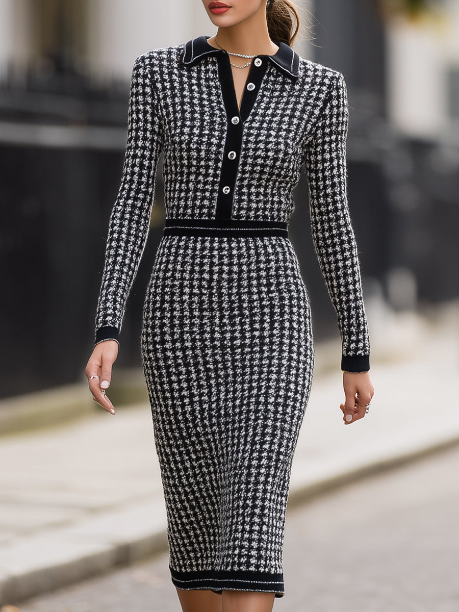 Houndstooth Knit Midi Dress With Contrast Collar