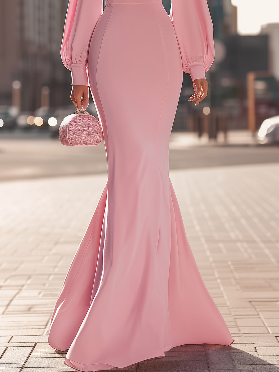 Elegant Blush Pink High-Neck Mermaid Gown With Balloon Sleeves
