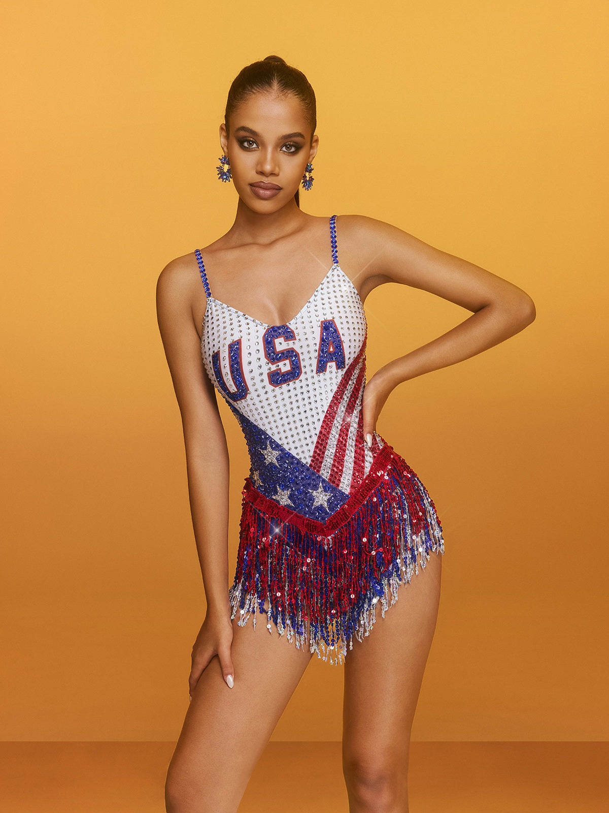 Latoya Spaghetti Rhinestone Printed Bodysuit