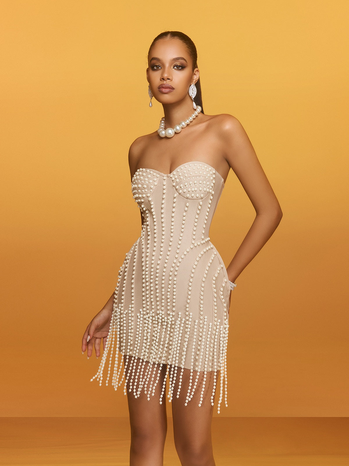 Reika Strapless Pearl Fringe Bandage Mini Dress