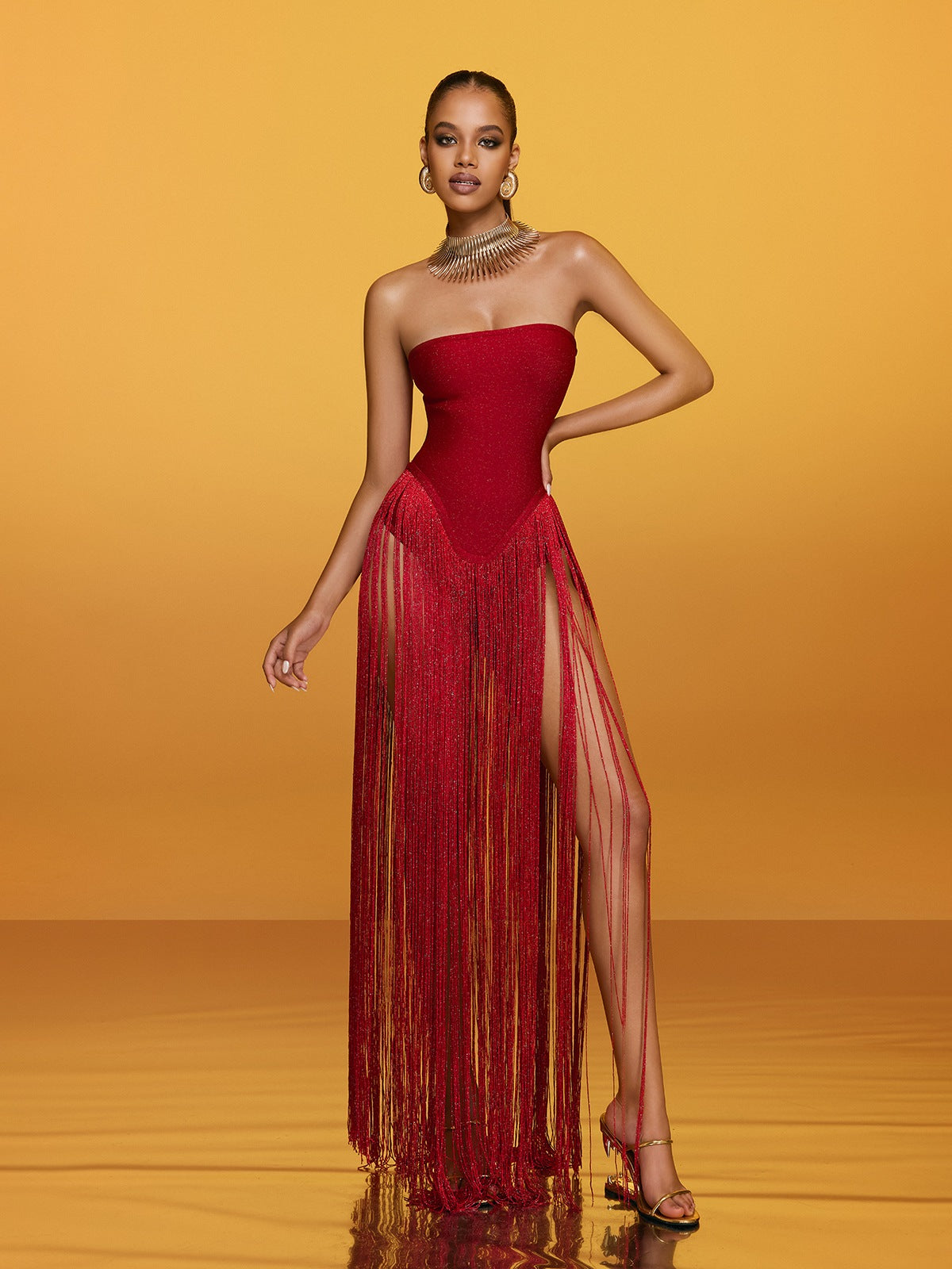 Rendor Strapless Fringe Bandage Maxi Dress