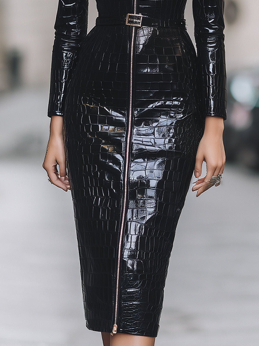 Stylish Croc-Effect Faux Leather Midi Dress