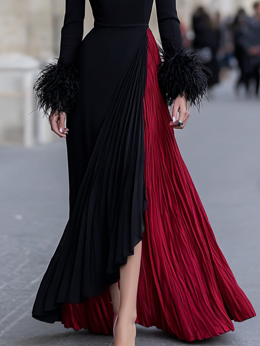 Black And Red Pleated Gown With Feather Cuff Details
