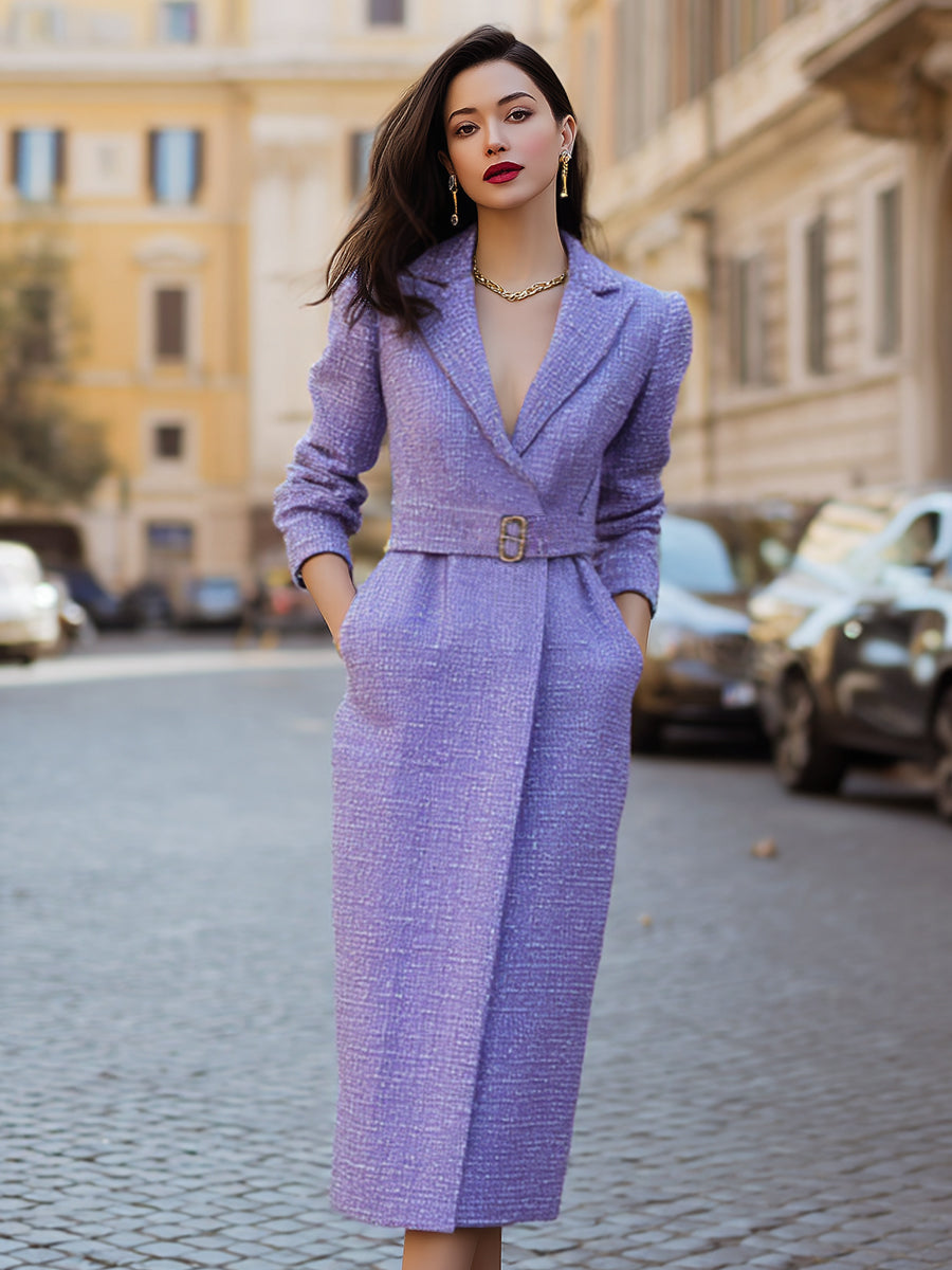 Elegant Tweed Belted Midi Coat Dress