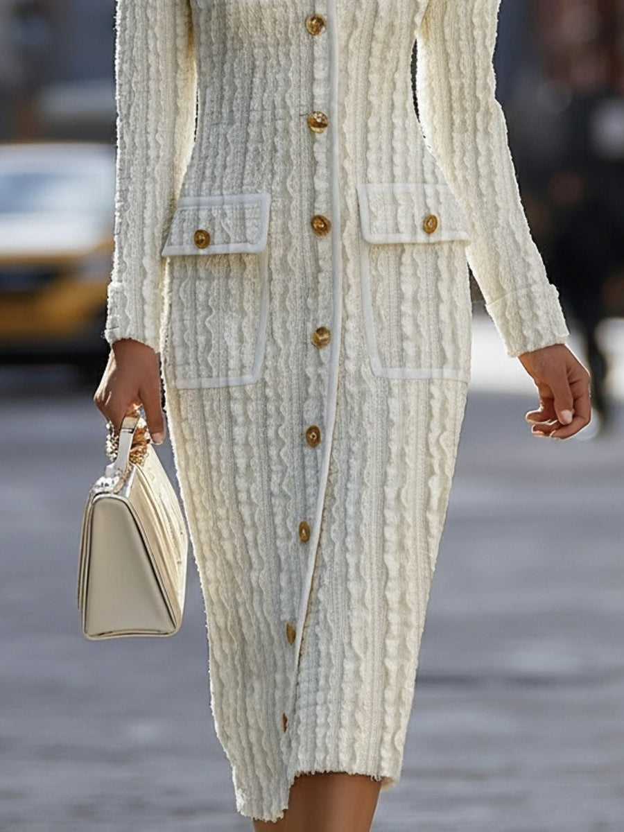 Ivory Textured Knit Midi Dress With Gold-Tone Buttons