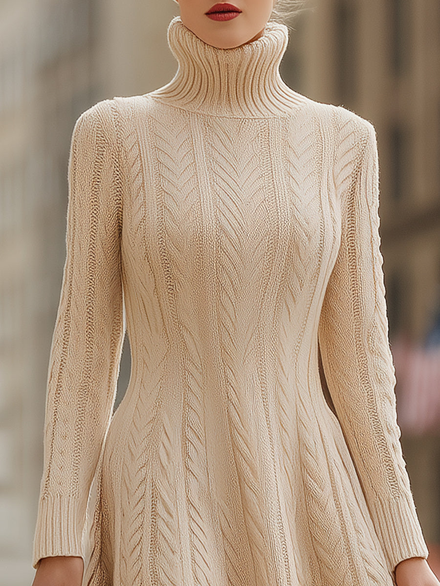 Cozy Elegance Cable Knit Turtleneck Sweater Dress