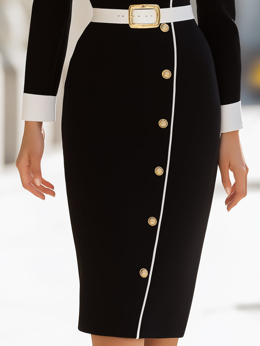 Asymmetrical Buttoned Midi Dress With Contrast Trim
