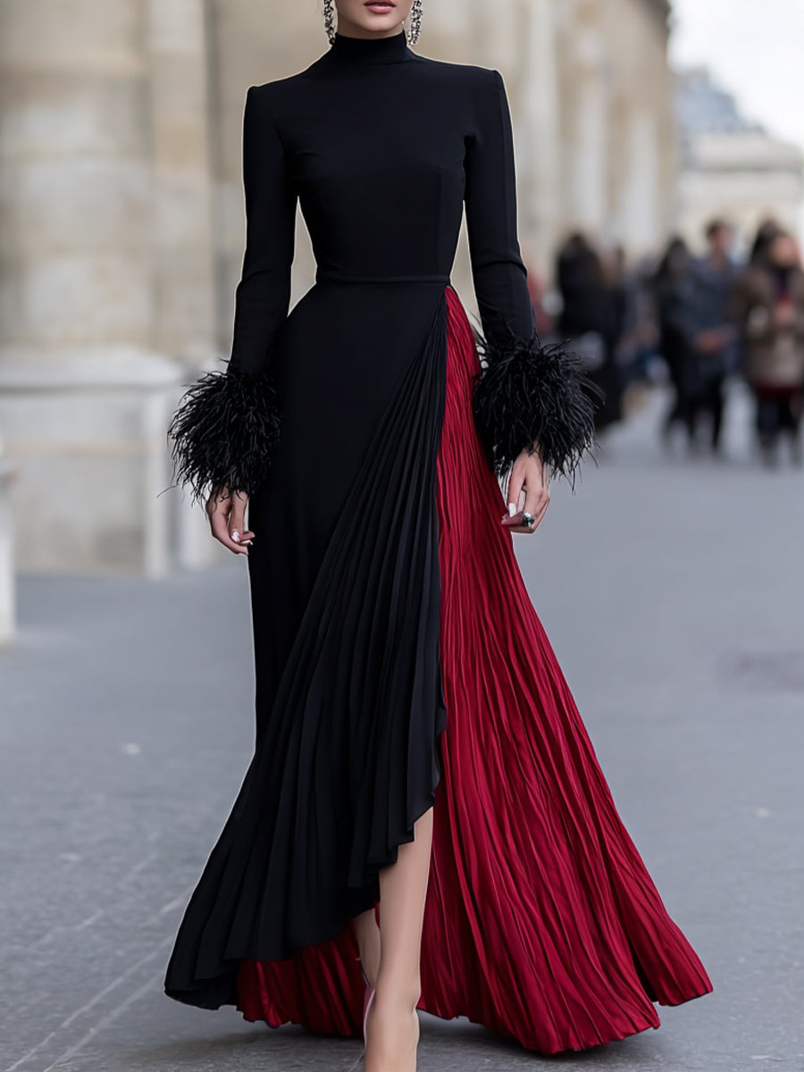 Black And Red Pleated Gown With Feather Cuff Details