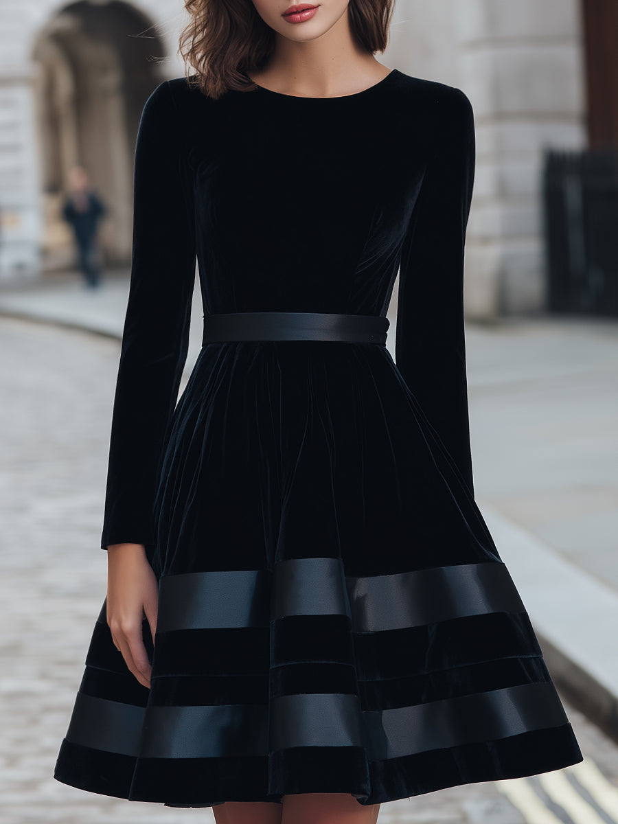 Black Velvet Fit-and-Flare Dress With Satin Stripes