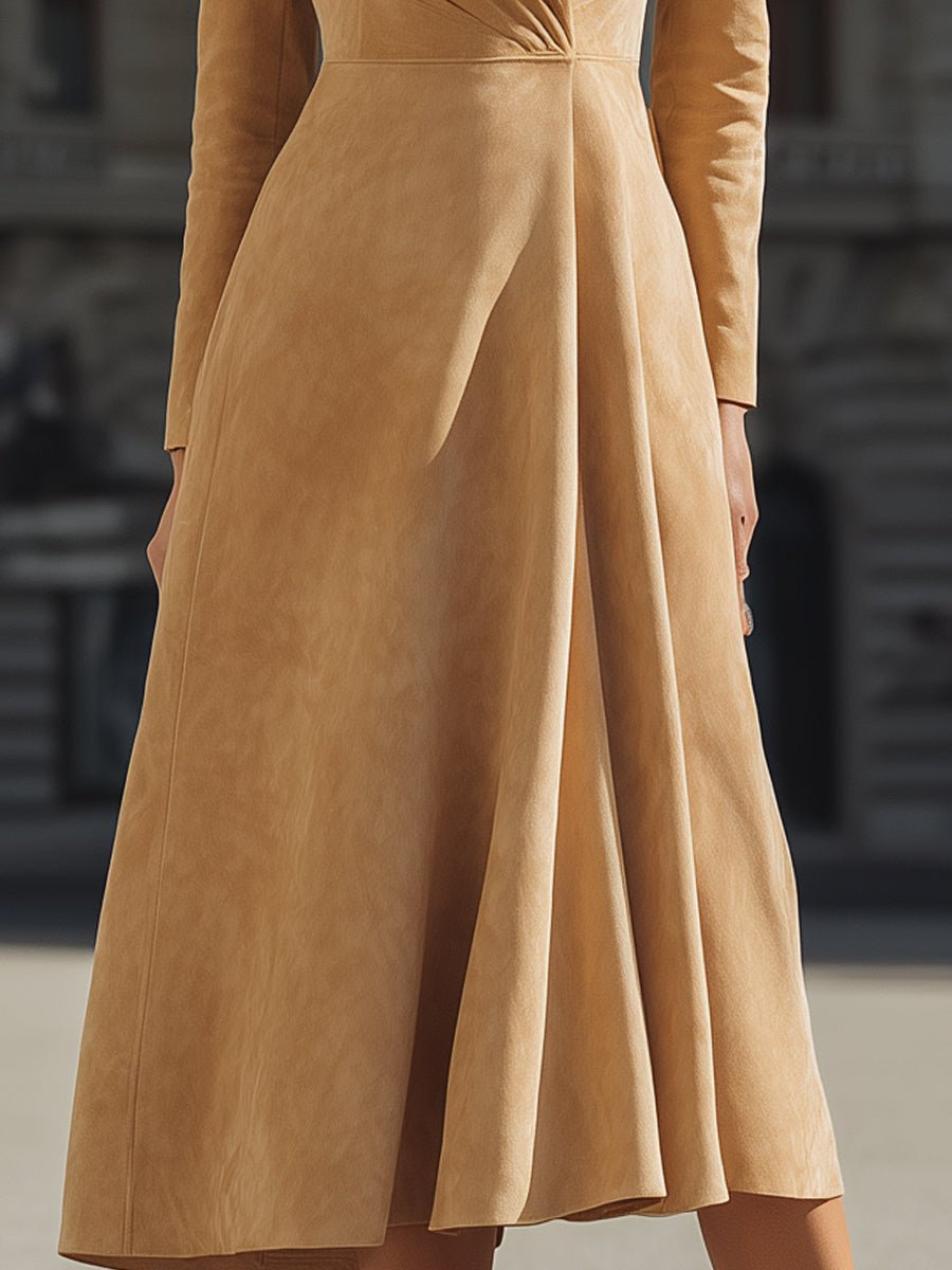 Camel Suede Wrap Midi Dress