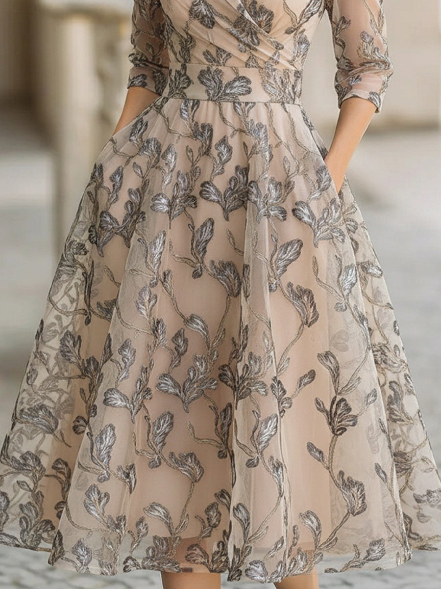 Mooyius Embroidered Mesh Midi Dress With Metallic Leaf Motif