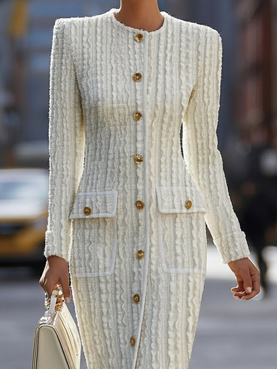 Ivory Textured Knit Midi Dress With Gold-Tone Buttons