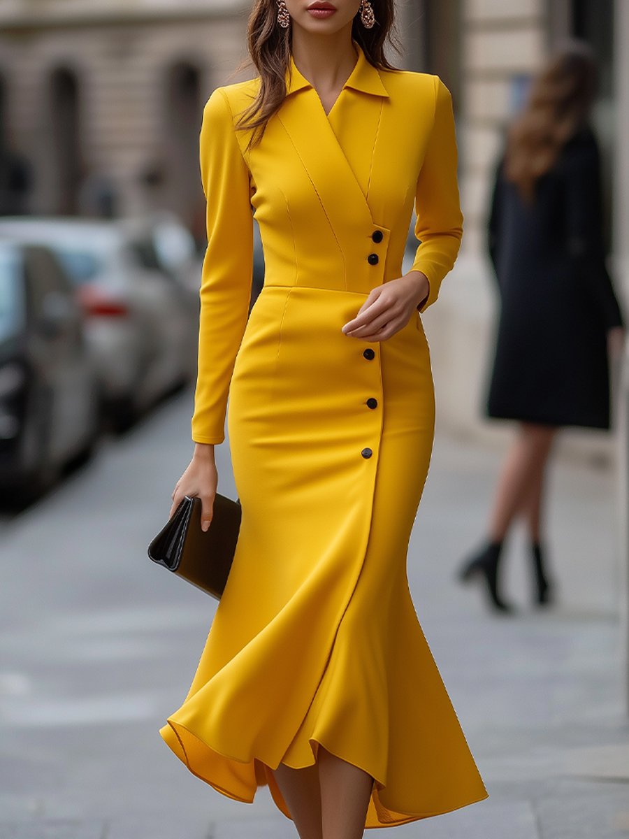 Sunshine Yellow Buttoned Flared Midi Dress