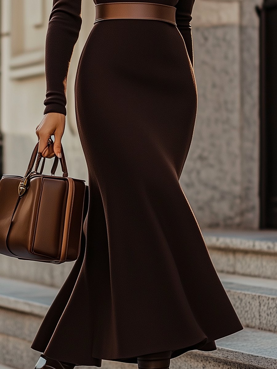 Sleek Espresso Turtleneck Dress with Contrasting Waistband for Timeless Chic