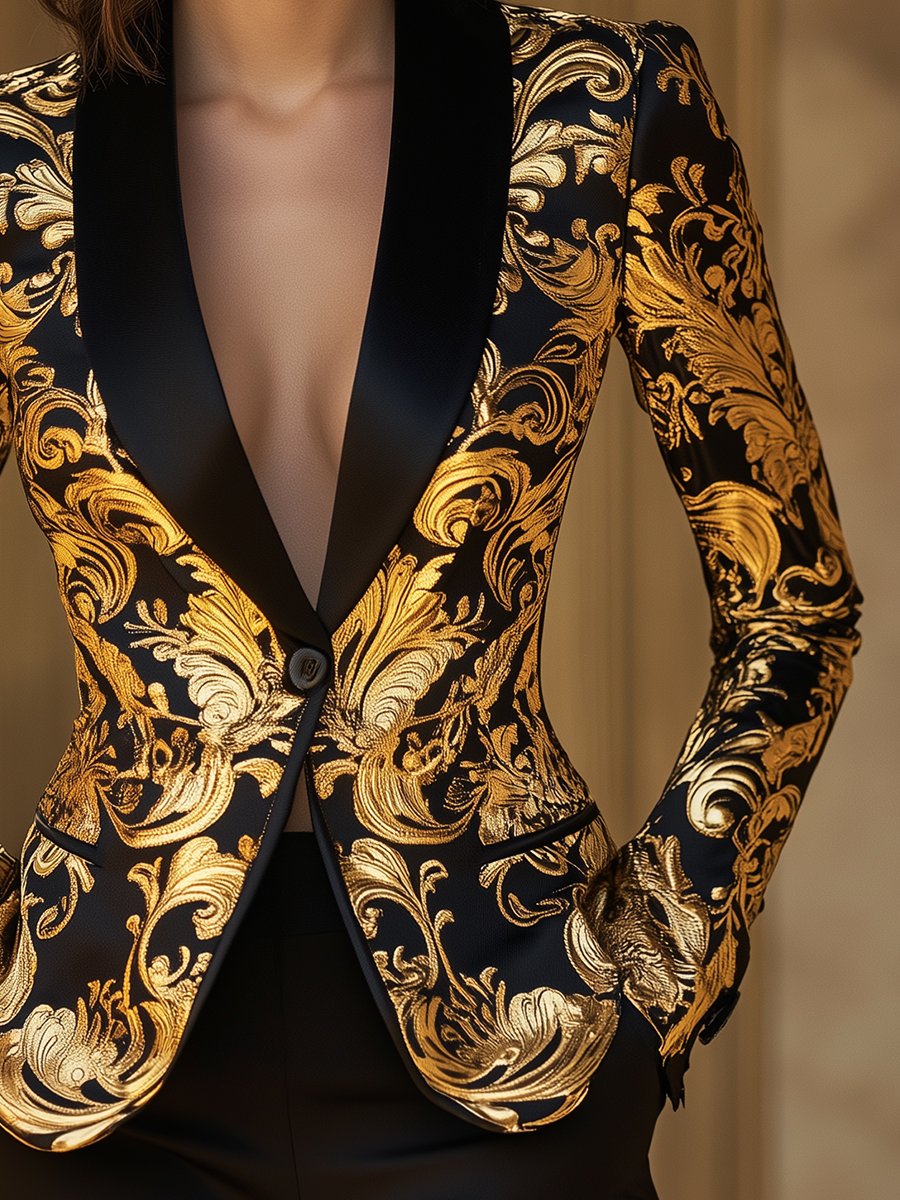 Opulent Black and Gold Blazer with Baroque Floral Printed
