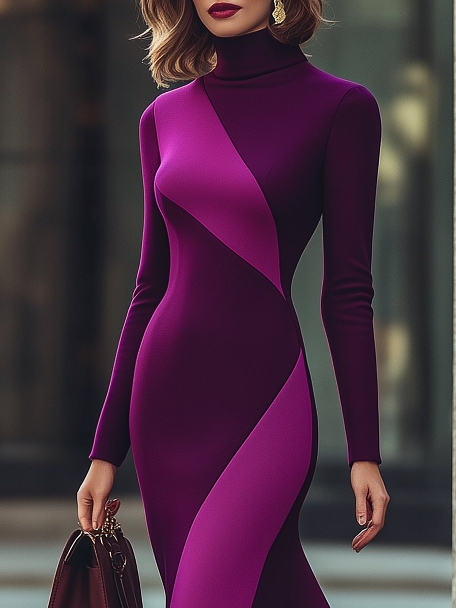 Elegant Plum and Lavender Slim-Fit High-Neck Dress