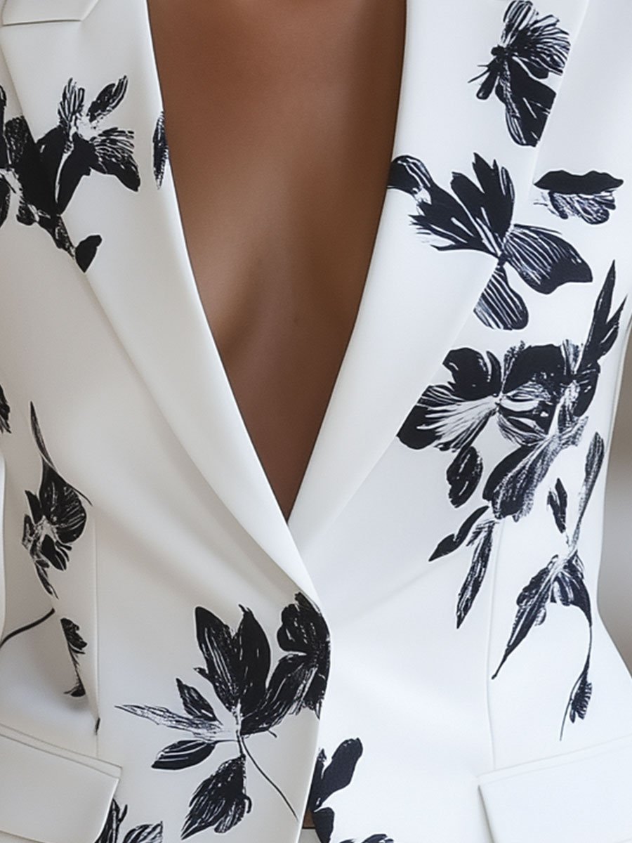 White Blazer with Bold Black Floral Printed