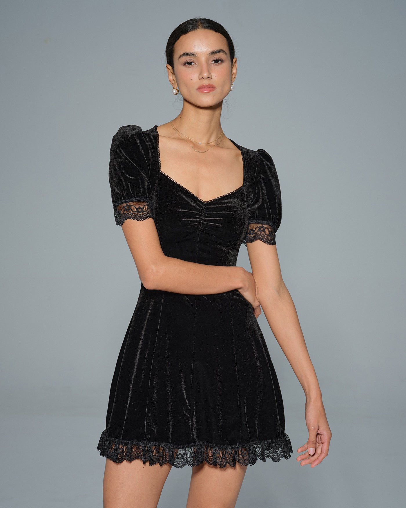 Black Lace V Neck Velour Mini Dress
