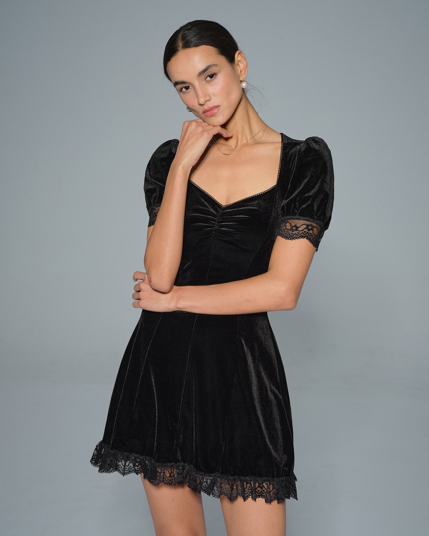 Black Lace V Neck Velour Mini Dress