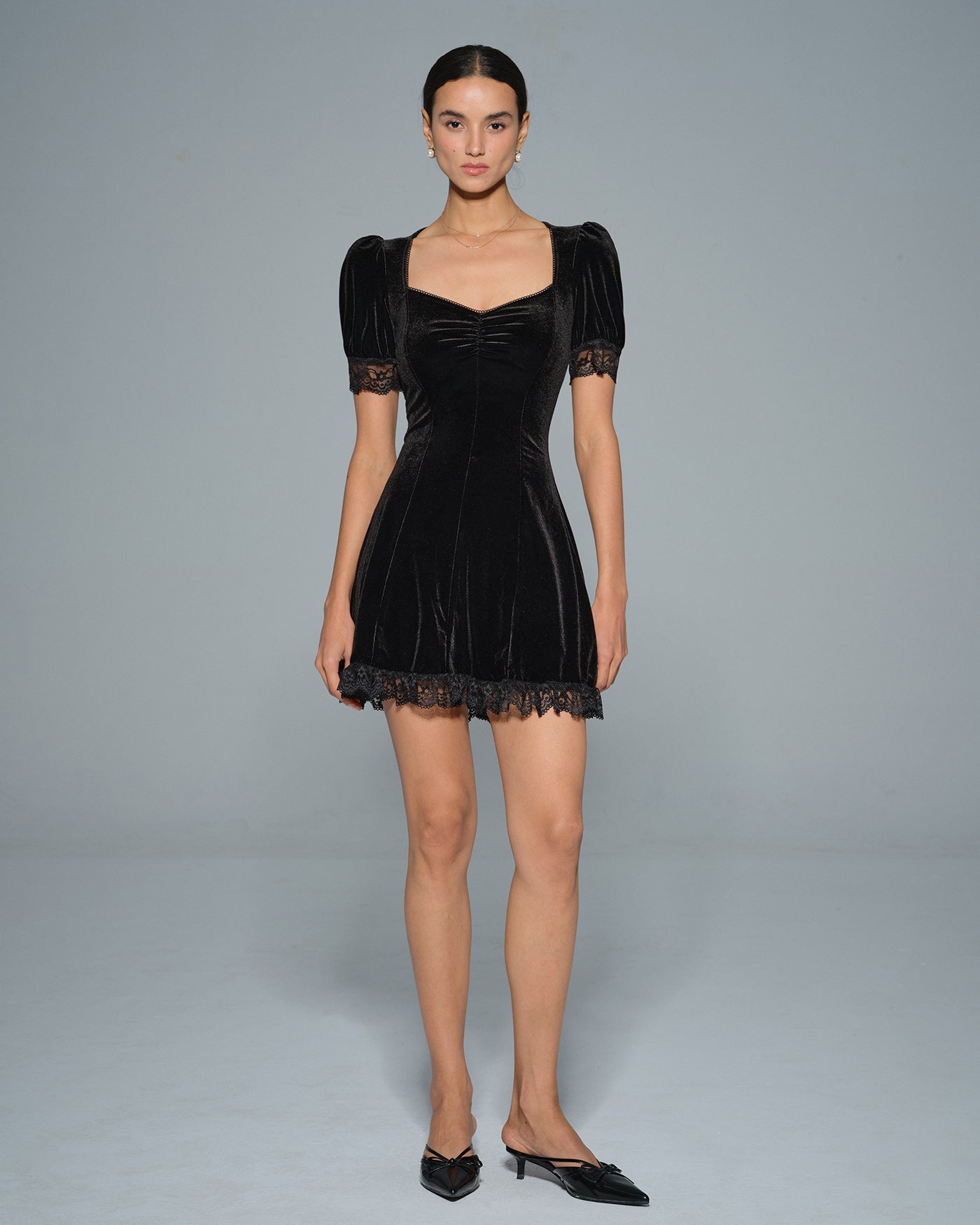 Black Lace V Neck Velour Mini Dress