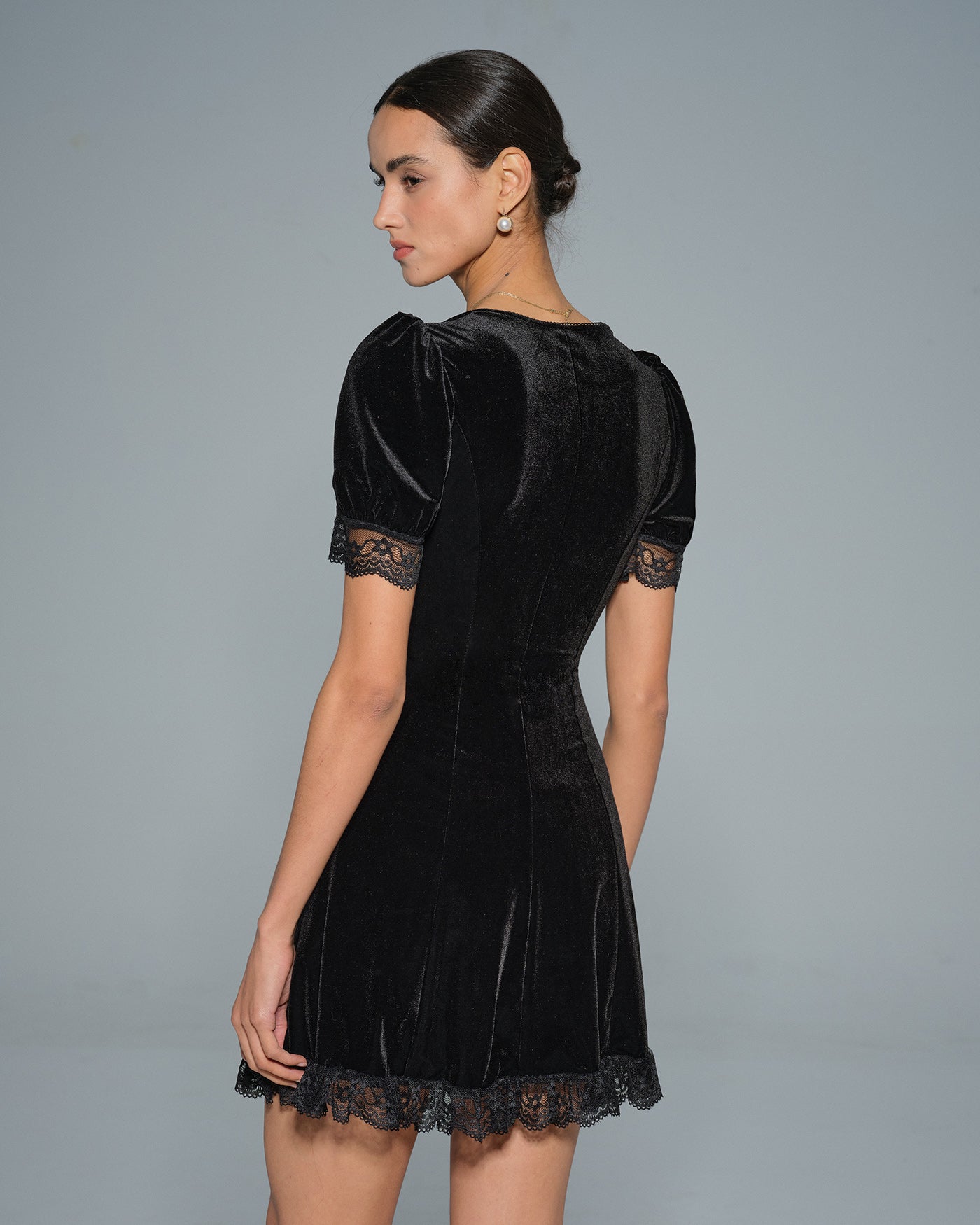 Black Lace V Neck Velour Mini Dress