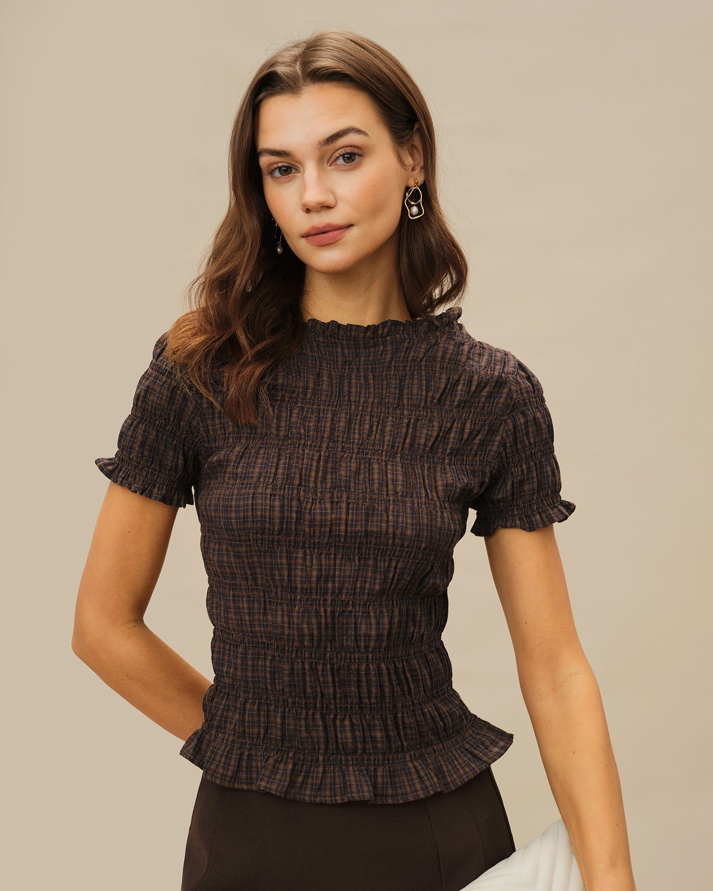 Coffee Plaid Shirred Tee