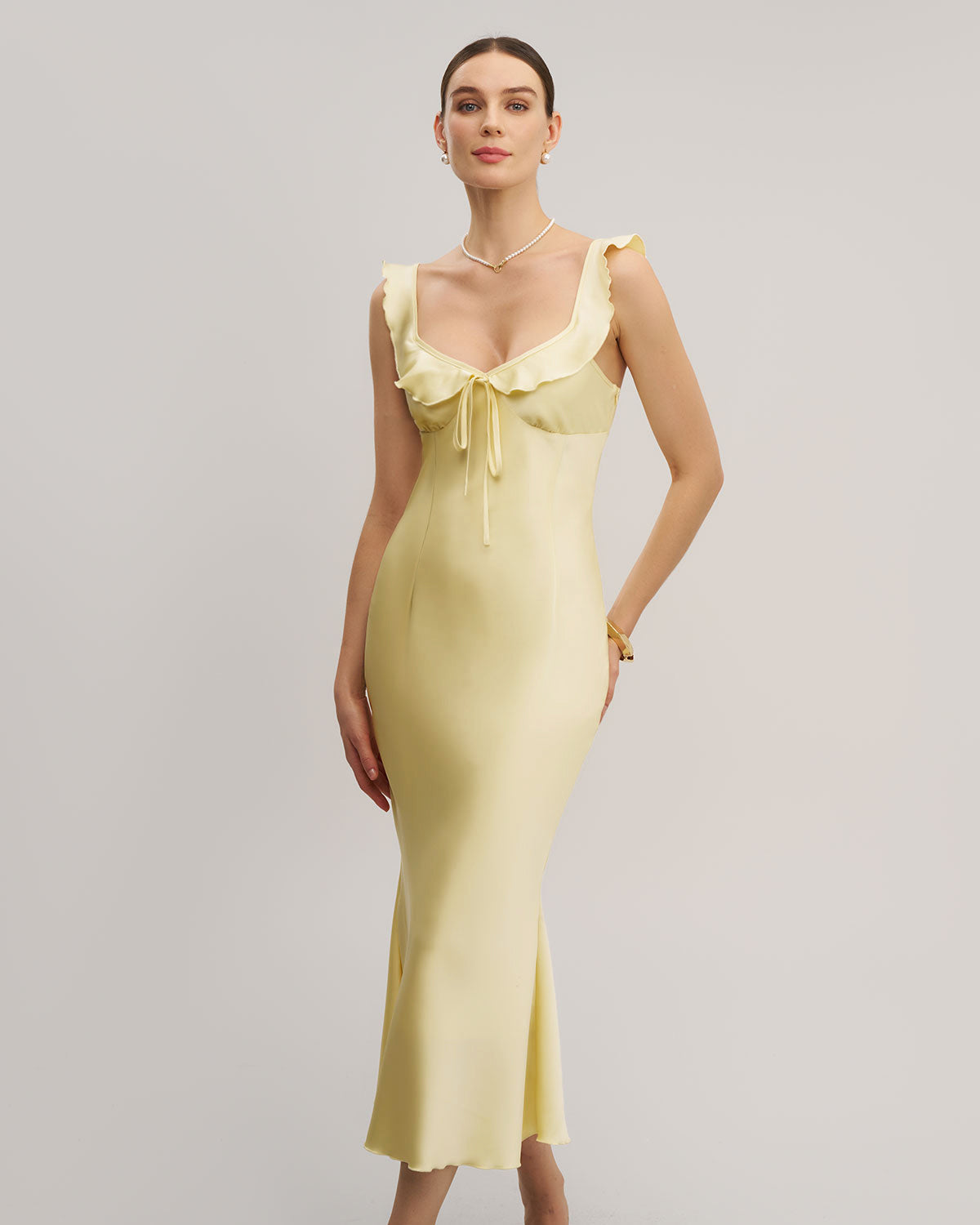 Yellow V Neck Ruffle Mermaid Midi Dress